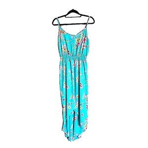 Soprano Floral Aqua Turquoise Asymmetrical High Low Flowy Maxi Dress Size Medium